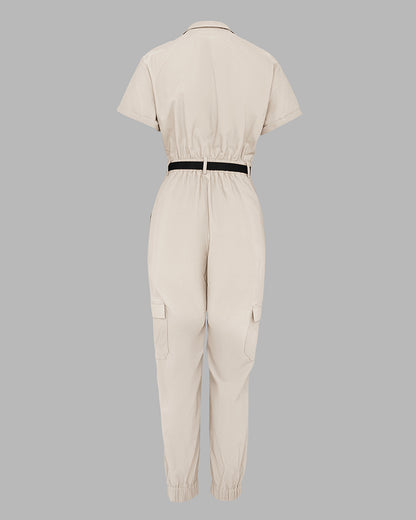 Turn-down Collar Short Sleeve Zipper Front Cuffed Short Jumpsuit Casual Pocket Design Cargo Romper with Belt