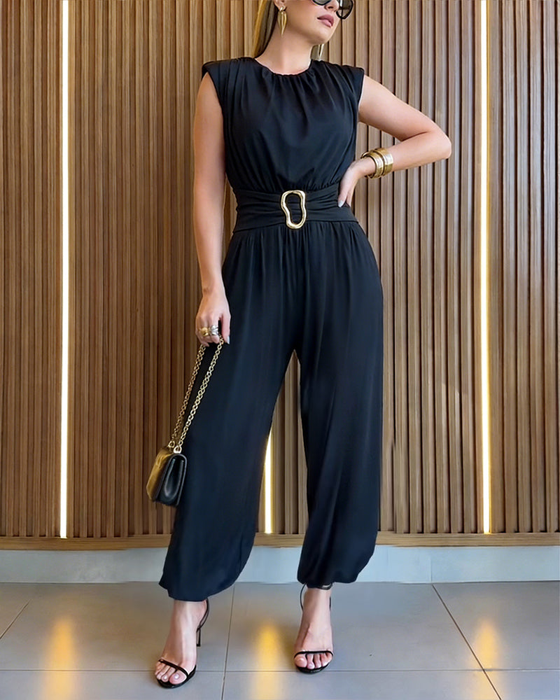 Women's Elegant Sleeveless Jumpsuit Ruched Crew Neck Overalls High Waisted Jogger Jumpsuit with Gold Buckle Belt