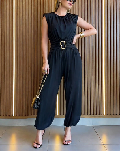 Women's Elegant Sleeveless Jumpsuit Ruched Crew Neck Overalls High Waisted Jogger Jumpsuit with Gold Buckle Belt