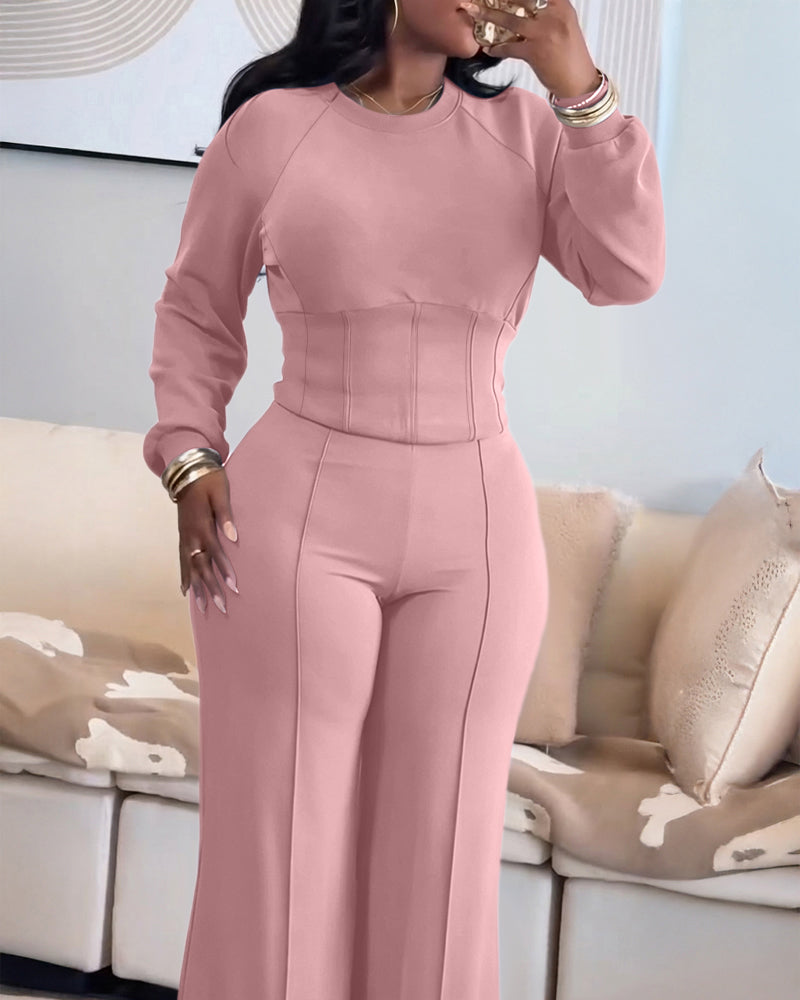 2 Pieces Outfit O-neck Long Sleeve Cinched Waist Sweatshirt and Elastic Waist Wide Leg Pants Set Casual Seam Design Sweatpants Set