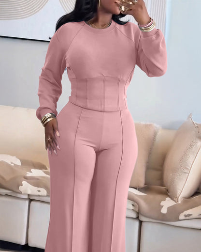 2 Pieces Outfit O-neck Long Sleeve Cinched Waist Sweatshirt and Elastic Waist Wide Leg Pants Set Casual Seam Design Sweatpants Set
