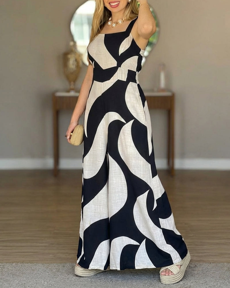 Colorblock Abstract Print Square Neck Adjustable Straps Shirred Back Overalls Casual Cinched Waist Wide Leg Cami Jumpsuit