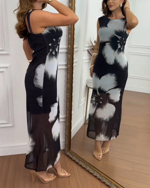 Damen-Meerjungfrauenkleid mit Blumendruck, Netzstoff, rückenfrei, seitlich geschlitzt, figurbetontes Maxikleid, elegantes Hochzeitsgast-Partykleid