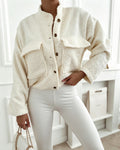 Women's Stand Collar Fleece Lined Teddy Jacket Loose Button Down Flap Pocket Sherpa Outerwear