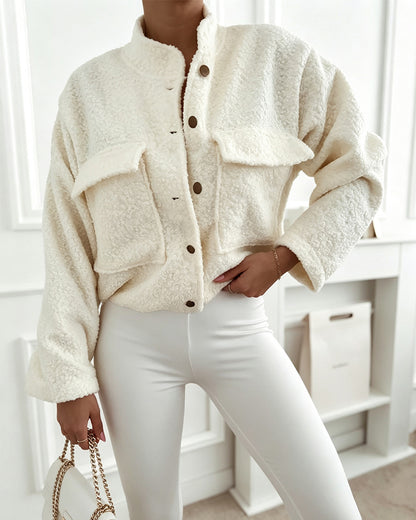 Women's Stand Collar Fleece Lined Teddy Jacket Loose Button Down Flap Pocket Sherpa Outerwear