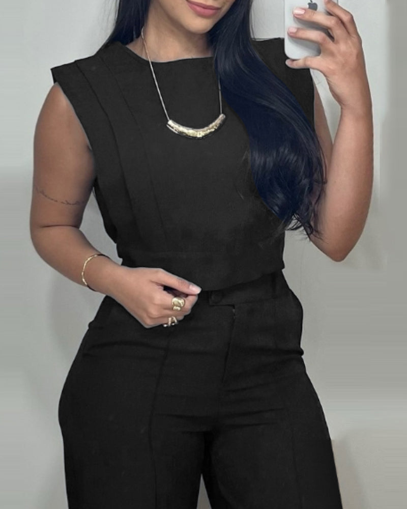 2 Pieces Outfit 3D Cutting Decor Design Cap Sleeve Hollow-out Back Crop Top and Casual Zipper Fly Seam Front Straight Pants Set