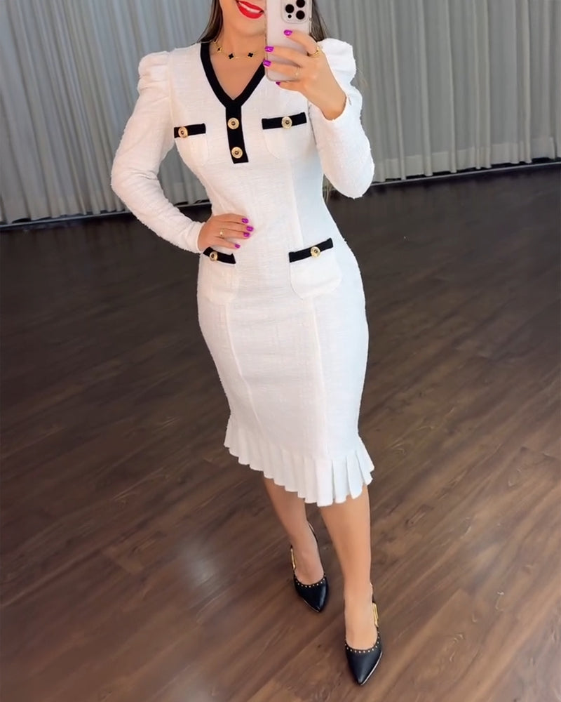 Button Decor Contrast Paneled V Neck Puff Sleeve Zipper Back Commuting Dress Pockets Design Pleated Hem Tweed Dress