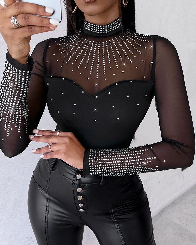 Rhinestone Decor Sheer Mesh Patch Bodysuit