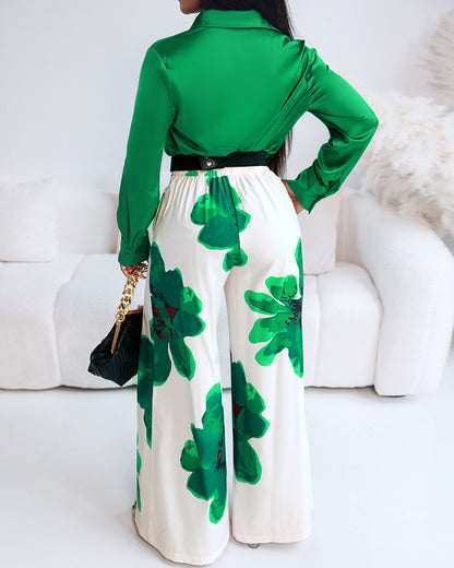 2 Pieces Outfit Long Sleeve Satin Blouse and Casual Floral Print High Waist Wide Leg Pants Set