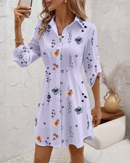 Watercolor Floral Print Turn-down Collar Turn-Up Sleeves Shirred Back Shirt Dress Casual Button Down Cinched Waist Asymmetrical Hem Vacation Dress