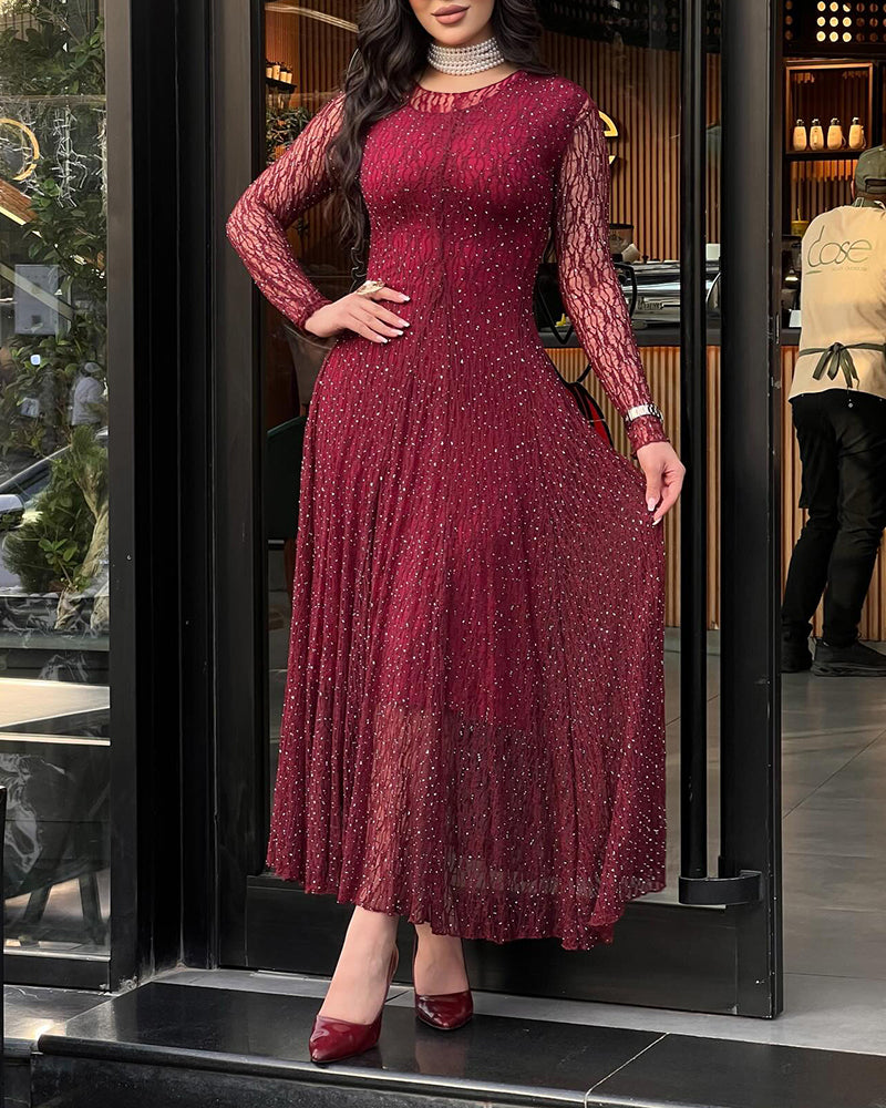 Women's Rhinestone Lace Long Sleeve Maxi Dress Crew Neck Textured A-Line Evening Gown