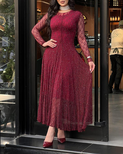 Women's Rhinestone Lace Long Sleeve Maxi Dress Crew Neck Textured A-Line Evening Gown