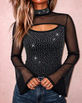 Women's Rhinestone Sheer Mesh Patchwork Cutout Mock Neck Long Sleeve Top