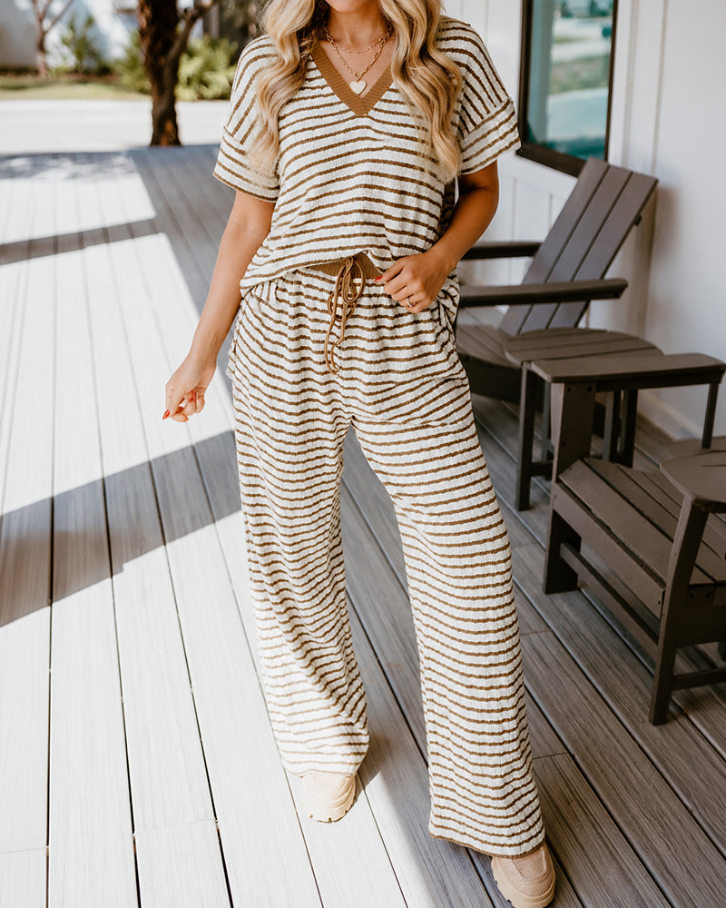 Women's 2 Piece Striped Lounge Set V Neck Short Sleeve Top and Wide Leg Pants Set