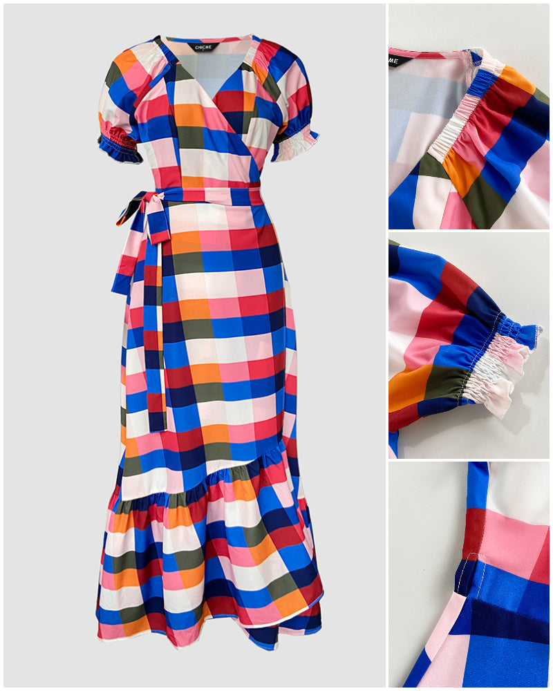 Colorful Plaid Print Overlap V-Neck Puff Sleeve Wrap Lace-Up Vacation Dress Casual Bow Tie Waist Ruffle Hem Maxi Dress