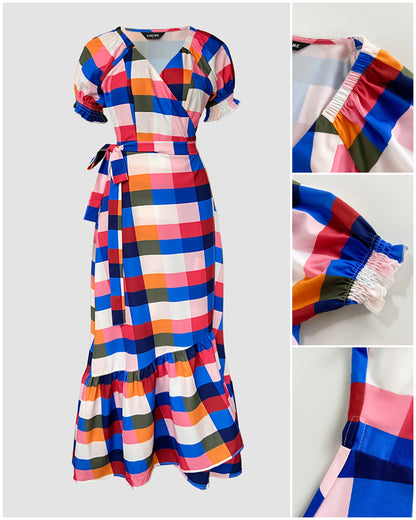 Colorful Plaid Print Overlap V-Neck Puff Sleeve Wrap Lace-Up Vacation Dress Casual Bow Tie Waist Ruffle Hem Maxi Dress