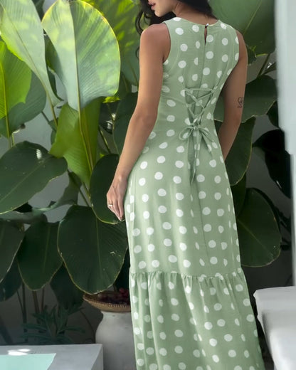 Women's Polka Dot Maxi Dress Casual Sleeveless Lace up Back Vacation Dress Elegant Ruffle Hem Loose A Line Long Sundress