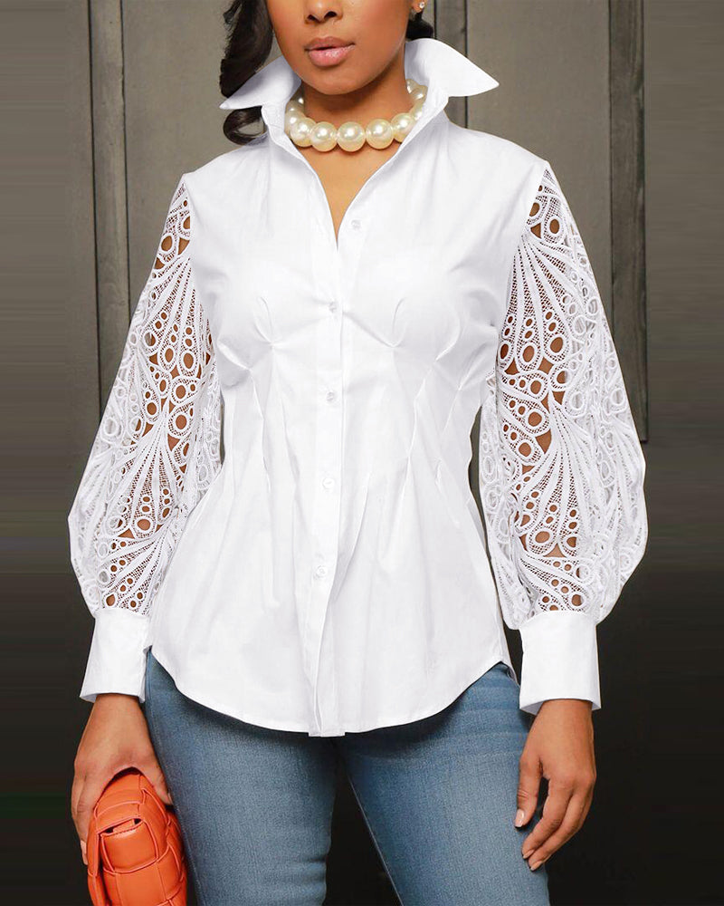 Lantern Sleeve Eyelet Embroidery Top