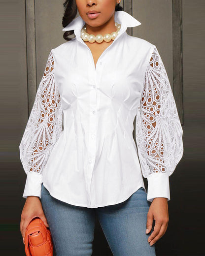 Lantern Sleeve Eyelet Embroidery Top