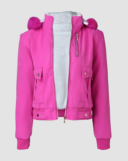 Fuzzy Trim Jacket Hooded Zip Up Fleece Lined Coat Outwear with Pockets