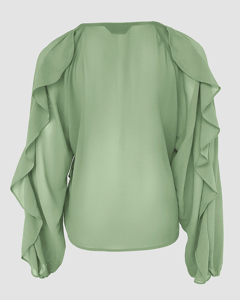 V Neck Shoulder Ruffles Design Blouse Casual Button Front Long Sleeve Top
