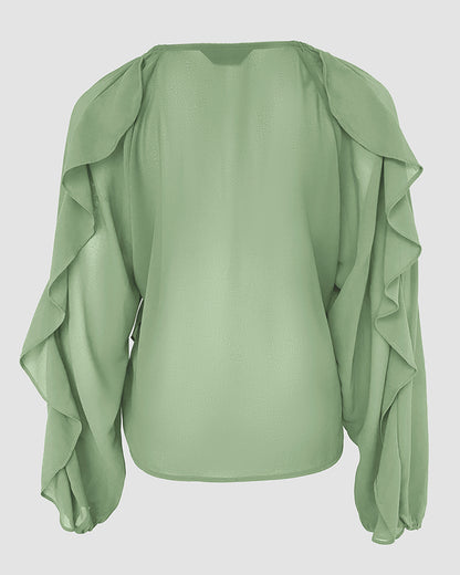 V Neck Shoulder Ruffles Design Blouse Casual Button Front Long Sleeve Top