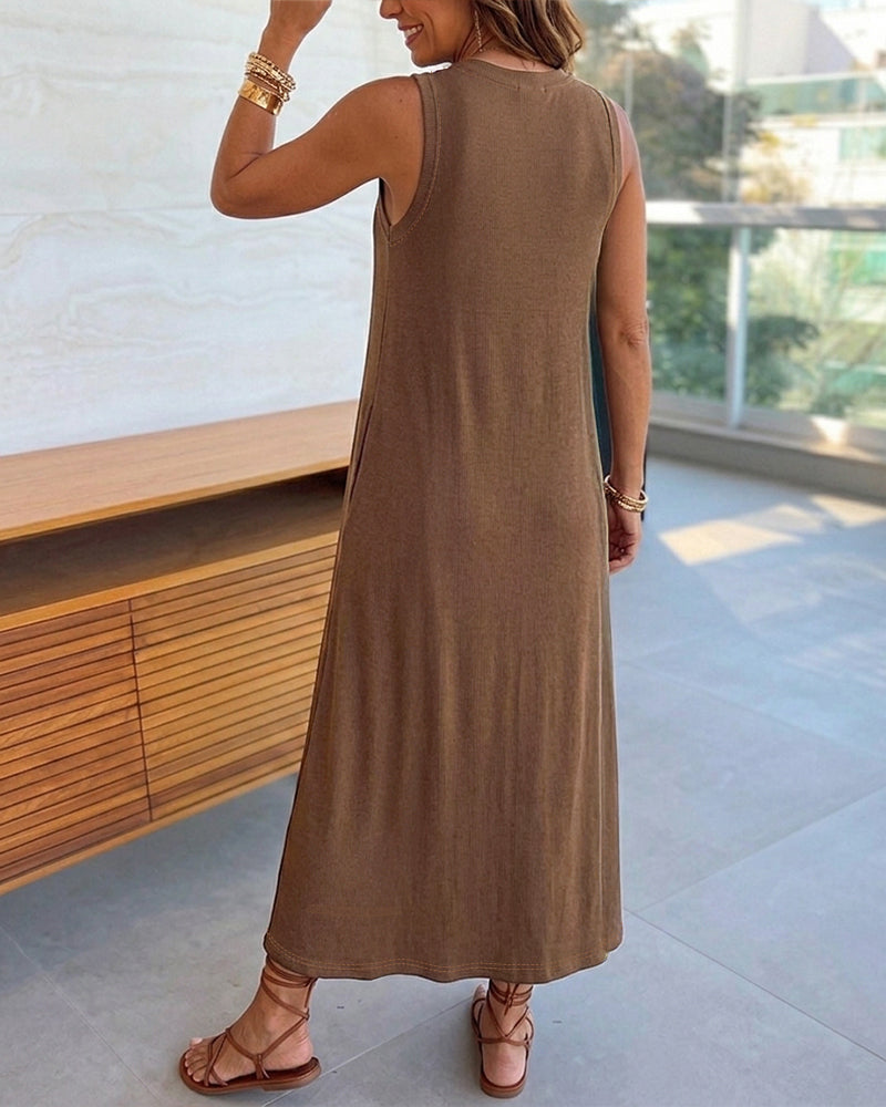 Women's Sleeveless Ribbed Knit Maxi Dress Loose A-Line Slit Tank Dress Casual Lounge Long Dress with Pockets