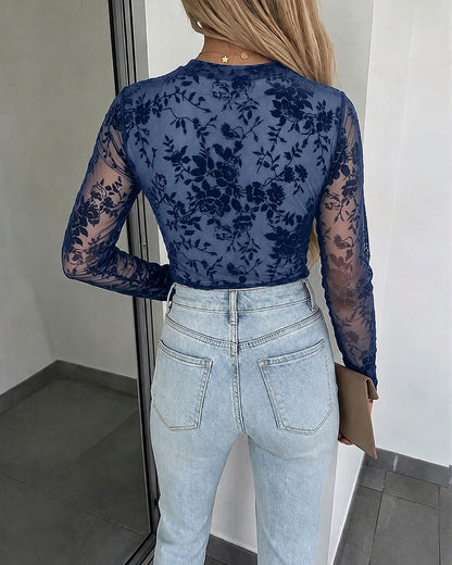 Top de malla con flores aterciopeladas para mujer, camiseta transparente de manga larga y cuello redondo, forrada, de corte entallado, para llevar debajo de otras prendas, con aberturas para los pulgares