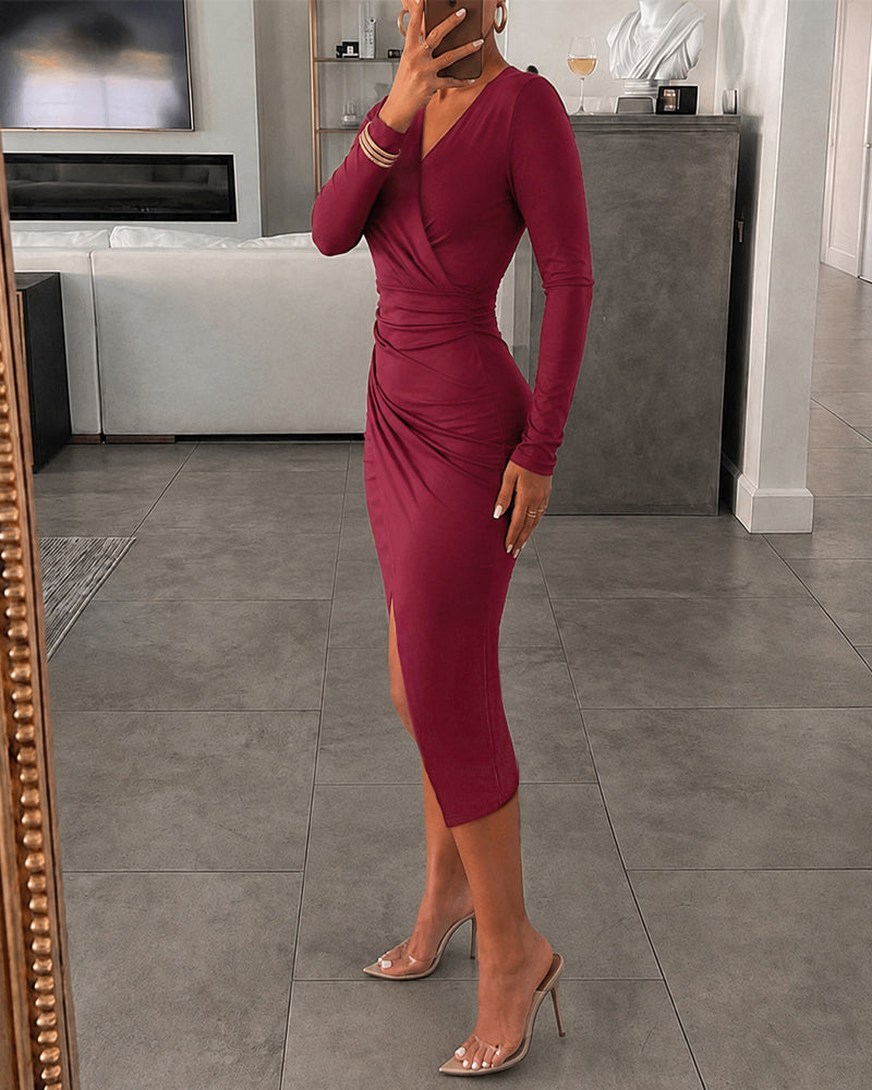 Women's Deep V Neck Long Sleeve Bodycon Dress Ruched Wrapped Slit Cocktail Dress