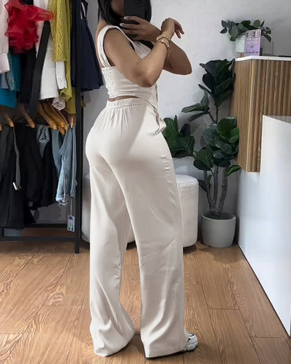 2 Pieces Outfit Thick Strap Button Front Shirred Back Slim Fit Crop Top and Casual High Waist Zipper Fly Elastic Back Waist Wide Leg Pants Set