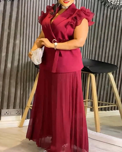 Trendy Two-Piece Set Ruffles Sleeve Waist Tied Detail Blazer and Casual Wide Leg Pleated Pants Set