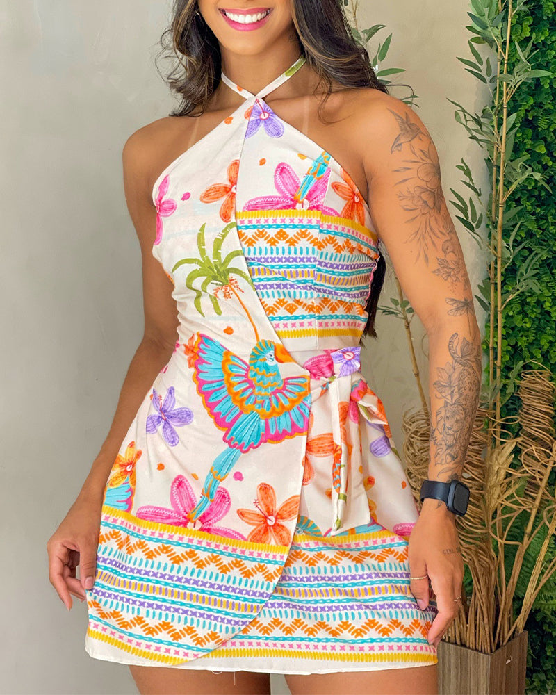 Tropical Print Halter Tie Backless Tie Back Romper Casual Elastic Back Waist Wrap Front Tie Side Skorts Romper