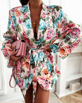 Women's Floral Print Blazer Casual Single Breasted Suit Coat Retro Oil Painting Floral Long Sleeve Coat with Belt