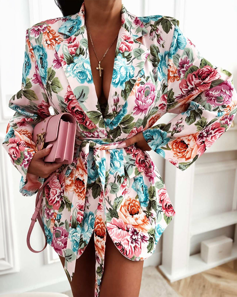 Women's Floral Print Blazer Casual Single Breasted Suit Coat Retro Oil Painting Floral Long Sleeve Coat with Belt