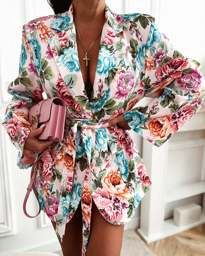 Women's Floral Print Blazer Casual Single Breasted Suit Coat Retro Oil Painting Floral Long Sleeve Coat with Belt