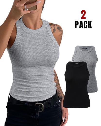 2-Pack Round Neck Thick Strap Racerback Ribbed Tank Slim Fit Tops without Bra Pads