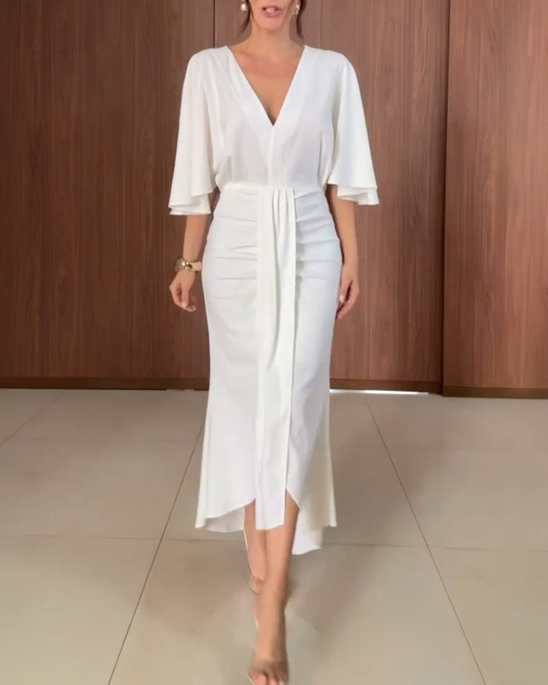 V-Neck Butterfly Sleeve Hollow-out Back Draped Mermaid Hem Dress Elegant Ruched Zipper Back Asymmetrical Hem Evening Dress