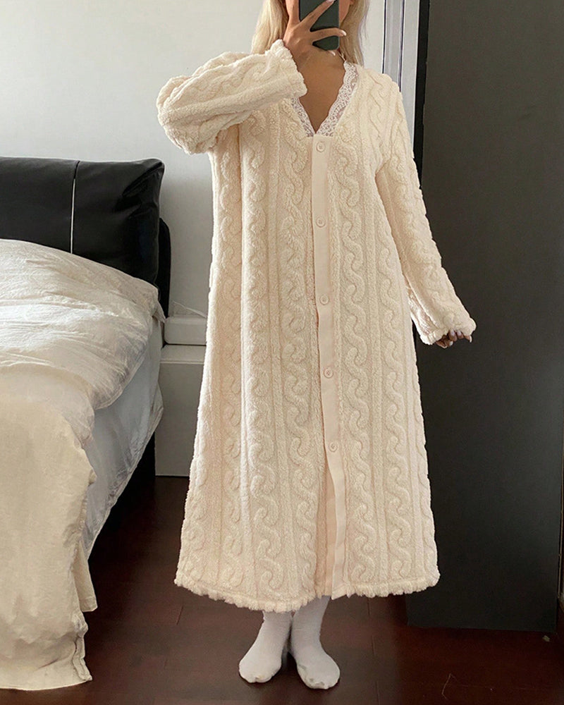 Stylish Contrast Lace V Neck Night Dress Casual Long Sleeve Weaving Knit Coral Sleepwear