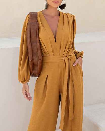 Deep V Neck 3D Design Tie Waist Ruched Overalls Casual Cinched Waist Zipper Back Textured Jumpsuit with Belt