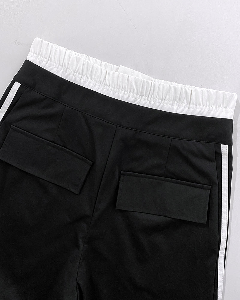 Contrast Side Striped Zipper Fly Stretchy High Waist Pants Flap Pockets Design Double Waistband Cargo Pants