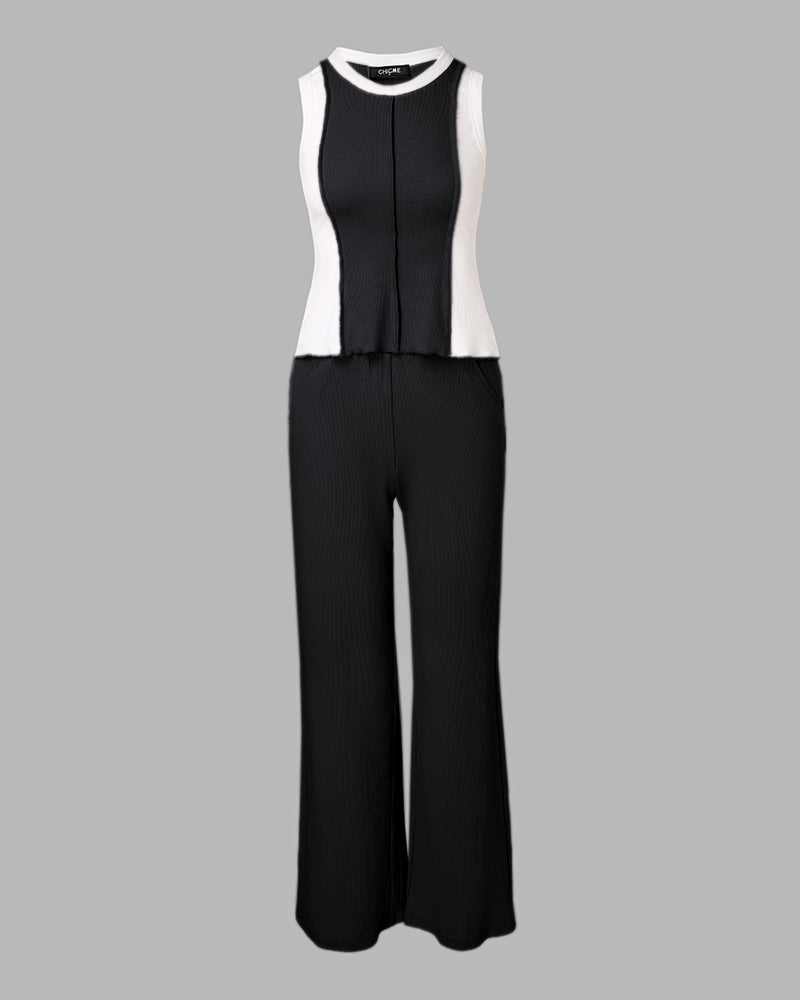 2 Pieces Outfit O-neck Slim Fit Tank Top and Drawstring Elastic Waist Straight Leg Pants Set Casual Colorblock Ribbed Set