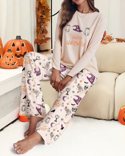 2 Pieces Outfit HAPPY HALLOWEEN Slogan & Graphic Print Long Sleeve Top and Graphic Print Elastic Waist Pants Set Casual Pajamas Set