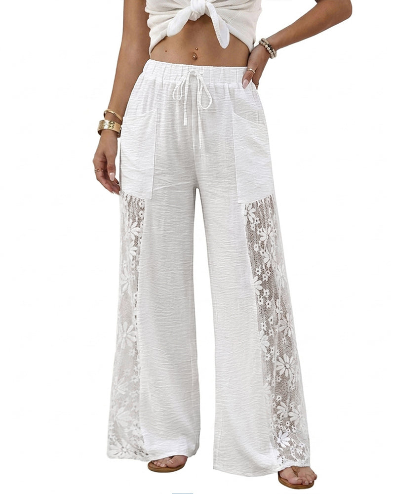 Women's Boho Lace Spliced Wide Leg Pants Casual Drawstring High Waist Pants