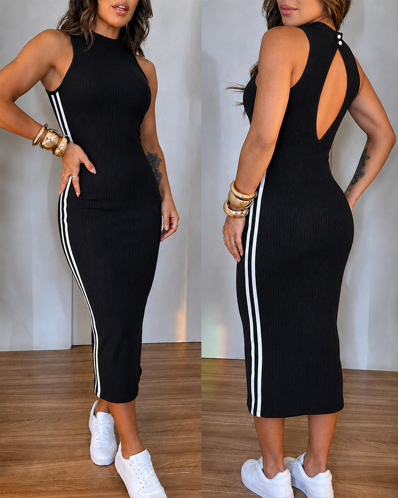 Women's Ribbed Knit Halter Midi Dress Backless Racerback Bodycon Dress Side Contrast Stripe Sleeveless Dress