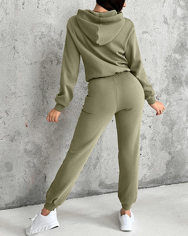 2 Pieces Outfit Kangaroo Pocket Thermal Lined Drawstring Hoodie Sweatshirt and Casual Elastic Waist Cinched Ribbed Cuffs Sporty Sweatpants Set