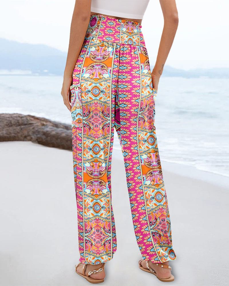 Tribal Print Shirred High Waist Cinched Hem Long Pants Vacation Pants with Pocket Vintage Pants