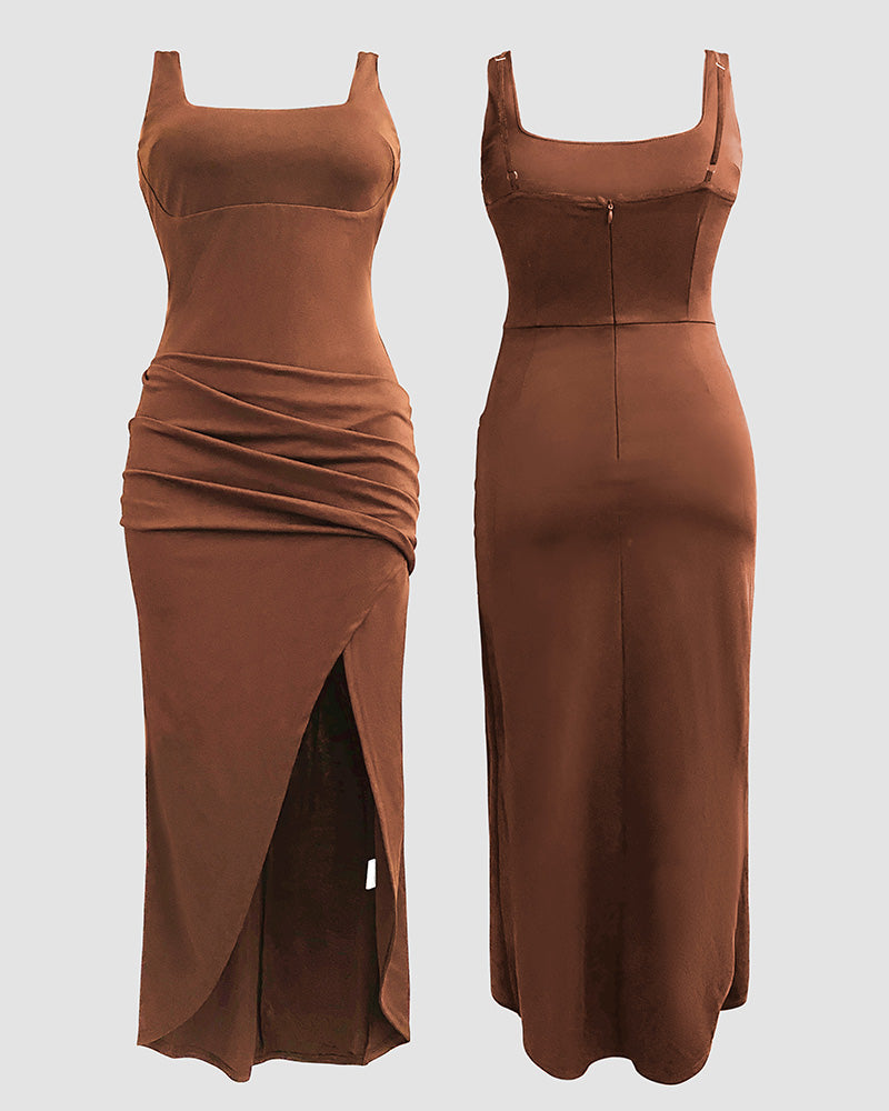 Sexy Square Neck Thick Strap Backless Slit Dress