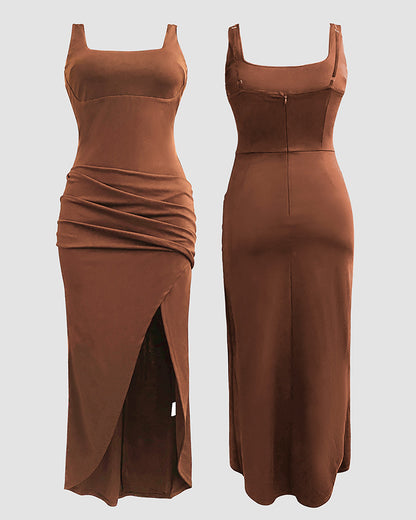 Sexy Square Neck Thick Strap Backless Slit Dress