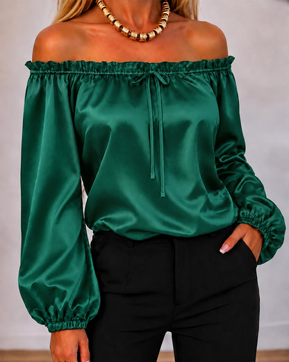 Women's Off Shoulder Satin Frill Trim Tie Front Lantern Sleeve Top