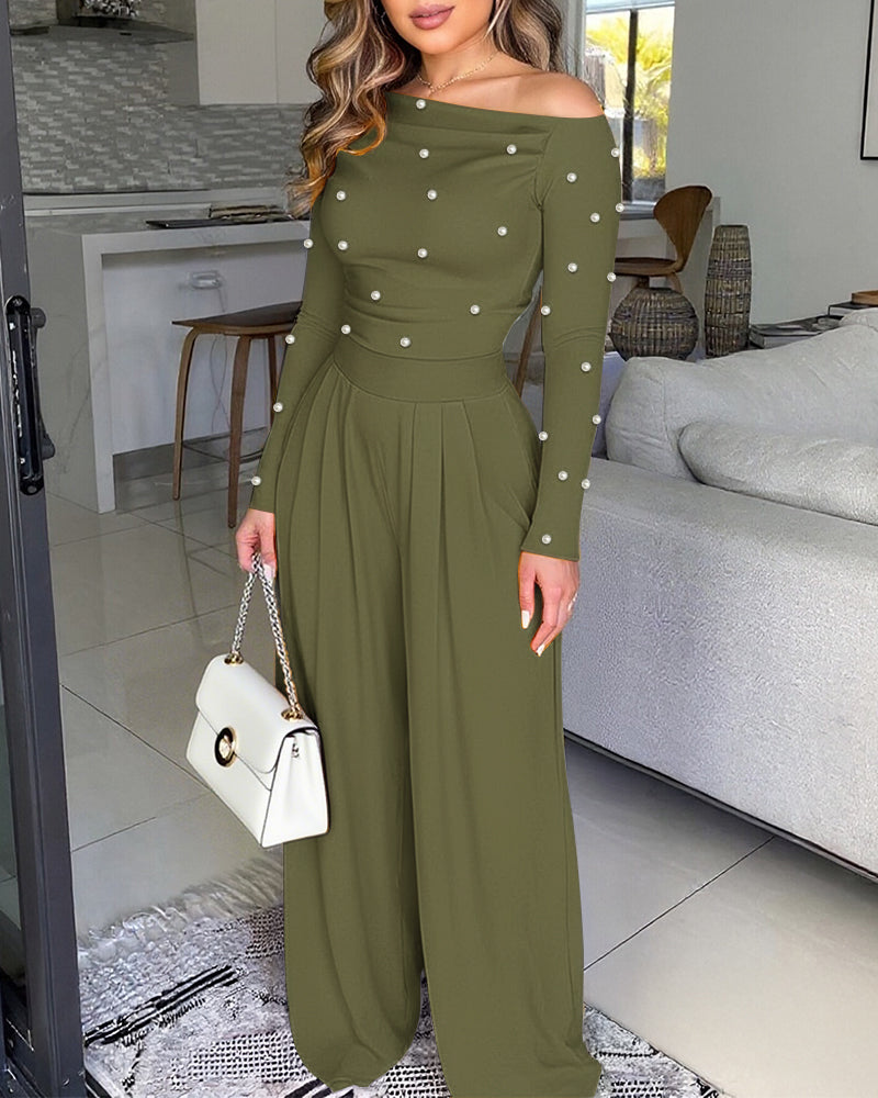Pearls Decor Skew Neck Long Sleeve Cinched Waist Overalls Casual Ruched Zipper Back Wide Leg Jumpsuit